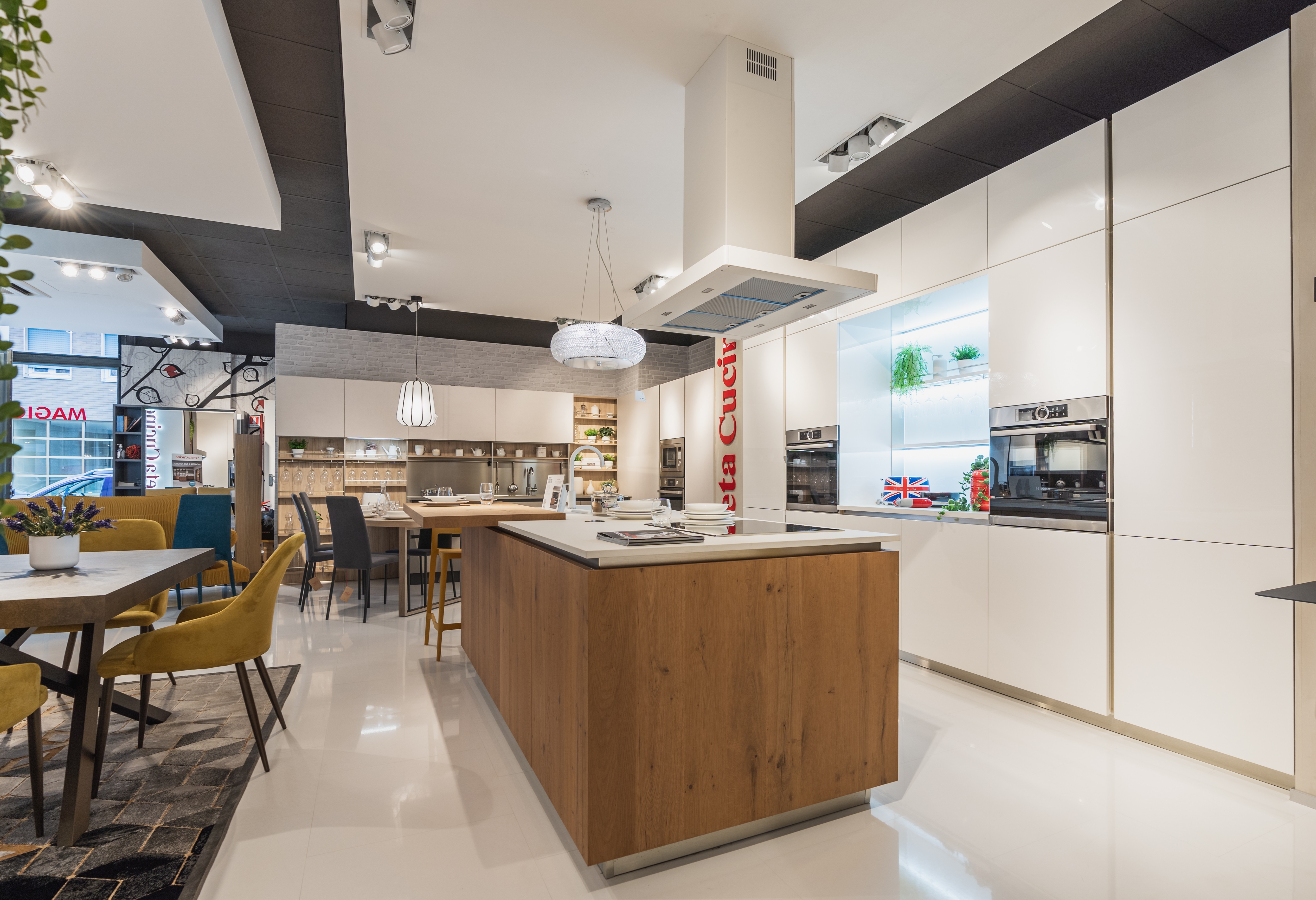 CUCINA LOUNGE LACCATA BIANCA CON ISOLA IN LEGNO - Image